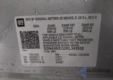2024 Chevrolet Equinox Fwd Lt z USA, uszkodzony, nr VIN 3GNAXKEG2RL343532